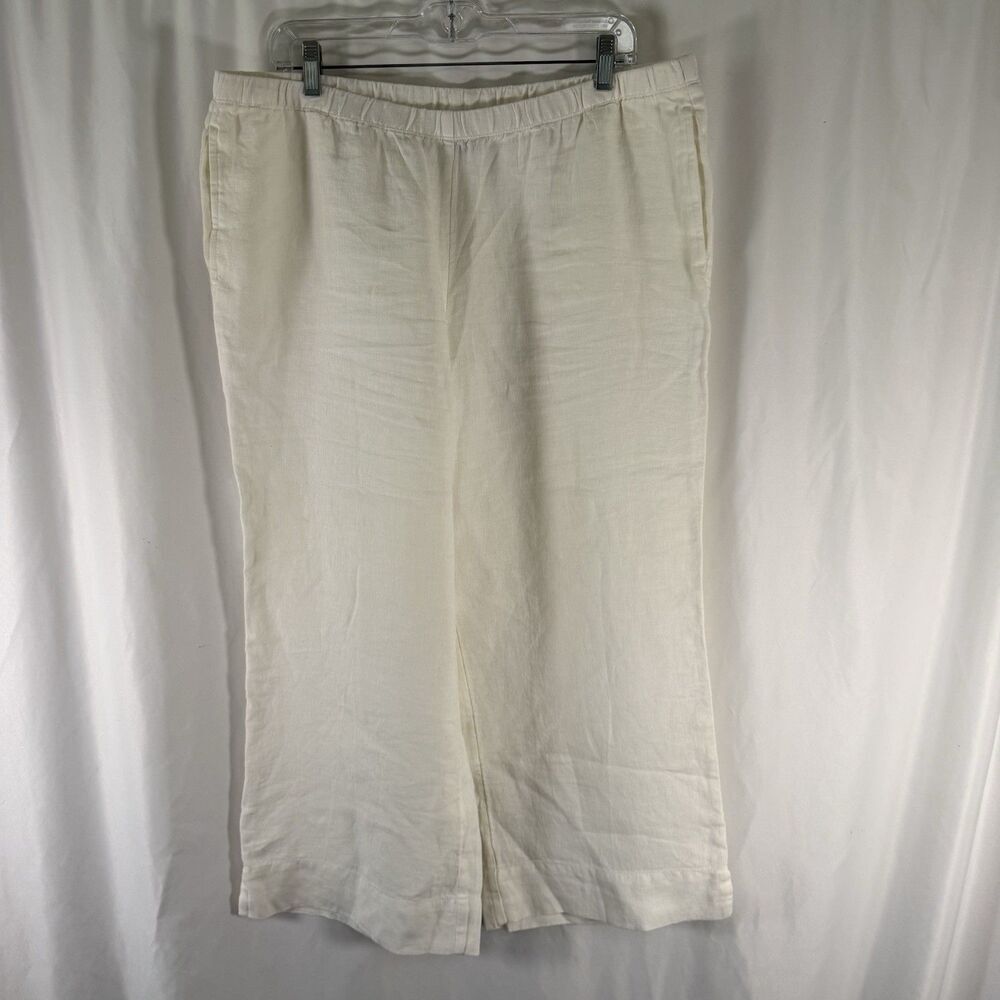 J Jill 100% Linen Pants Women's Large White Pull on Wide Leg Pockets Cropped
